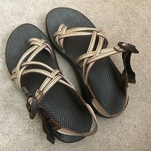 Orange and brown double-strap women's Chacos